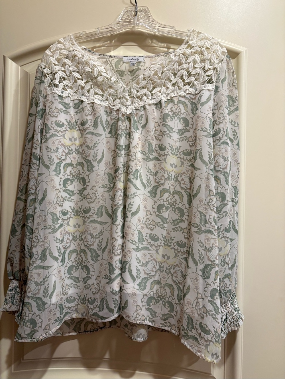 Everly Cream Blouse with Sage & Pale Yellow Floral Print and Crochet Yoke